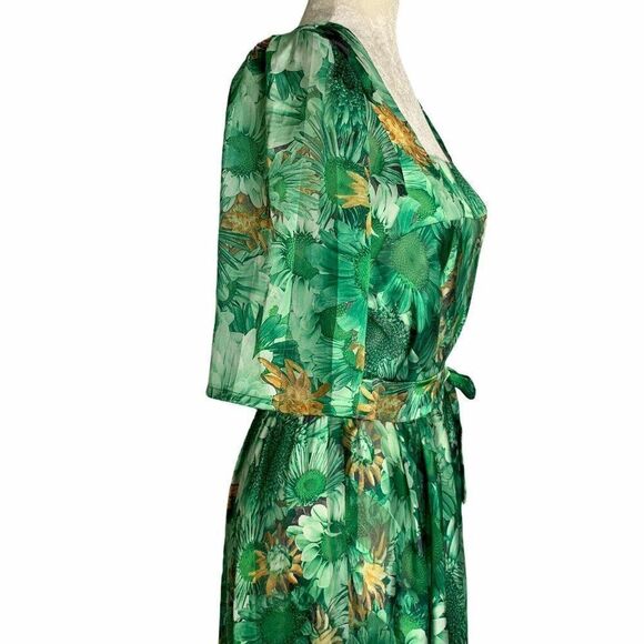 Vintage Floral Maxi Dress M Green Square Neck - Picture 3 of 8